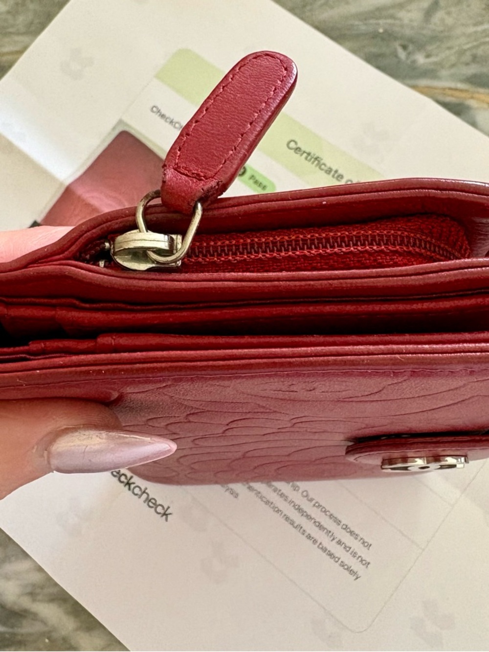 CERTIFIED CHANEL Red Floral Camellia Leather DOUBLE Coin Wallet cards CC w COA ! - Picture 9 of 9